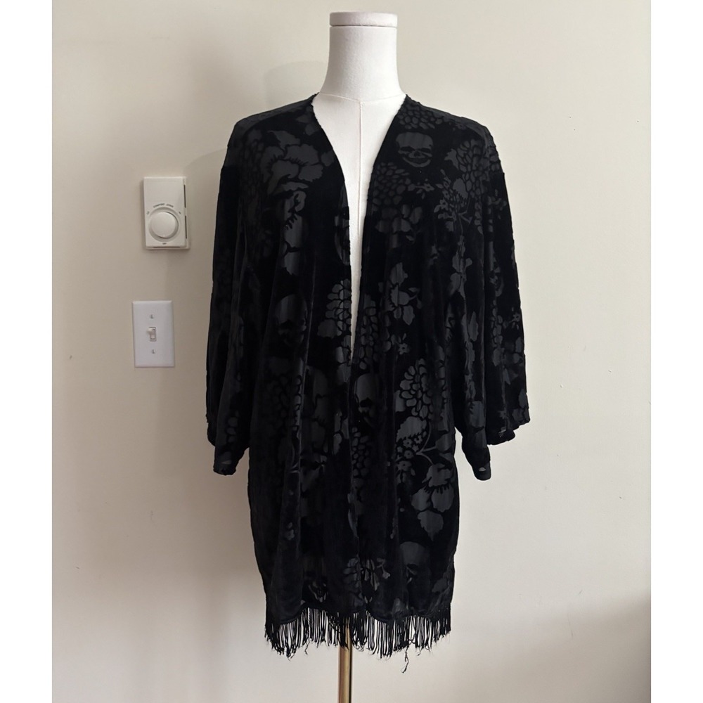 Midnight Hour Gothic Skill Burnout Velvet Fringe Kimono Cardigan Womens XL Black
